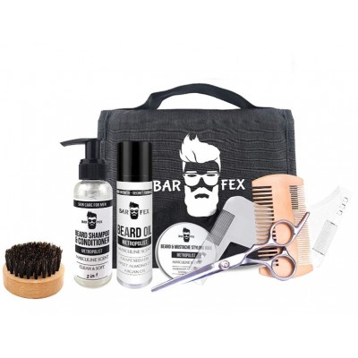 BarFex набор для ухода за бородой для мужчин. 10 предметов. Уникальный мужской запах. Для любых типов волос и любой длинны. Смесь масел, бальзам, воск, шампунь. Из Германии!