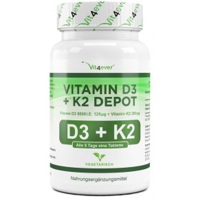 Витамин D3 5.000 I. E. + 200 мкг витамин К2 – Запас на 3-4 месяца, повышает иммунитет, нервную систему, укрепляет кости, пред-гормон, без нежелательных добавок, ИЗ ГЕРМАНИИ