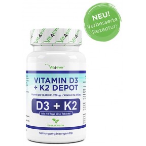 Витамин D3 + K2, 180 таблеток, ЗАПАС НА 6-7 МЕСЯЦЕВ, вегетарианский, 10.000 I.U. D3 (натуральный) и 200 мкг витамина K2-MK7, важен для иммунной и нервной системы, ИЗ ГЕРМАНИИ