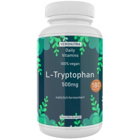L-триптофан, запас на 6-7 МЕСЯЦЕВ, 180 капсул, 500 мг, веганские, аминокислота,  используют для снятия тревожности, стресса, при депрессиях, нормализации сна, ИЗ ГЕРМАНИИ