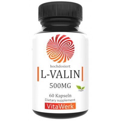 L-валин, натуральный, из кукурузы, высокая доза - 500 мг, аминокислота, веганская, 98,5% чистота, помогает выравнивать инсулин в крови, усваивать другие аминокислоты, в составе  BCAA, ИЗ ГЕРМАНИИ